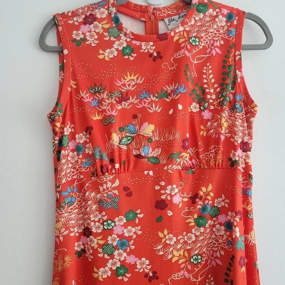 VTG Yves Jennet USA 70s Orange Floral Sleeveless‎ Maxi Dress Gown Women Medium